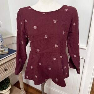 Madewell Burgundy Floral Embroidered Double Gauze Tie Back Peplum Top XS